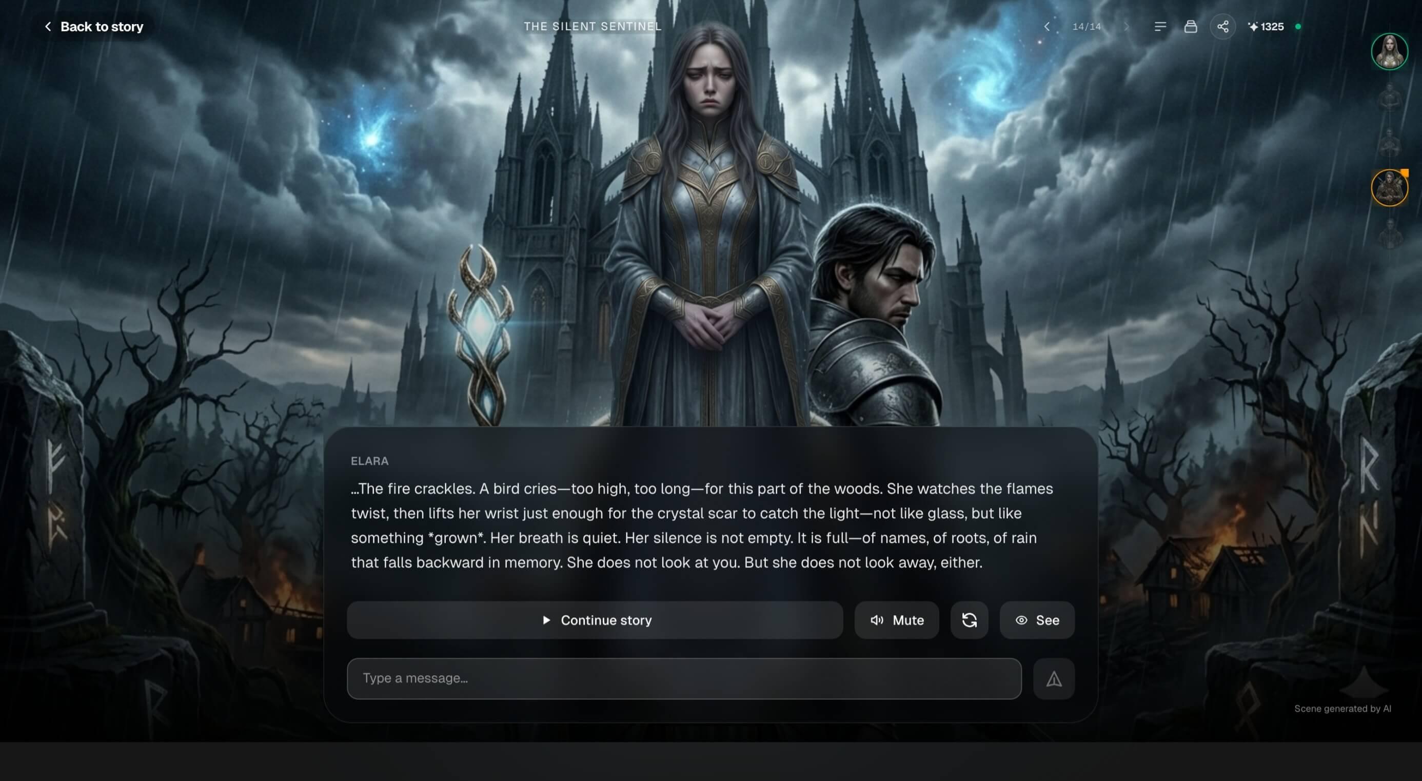 角色推进叙事，用户自由对话或继续 — 不只是读文本。